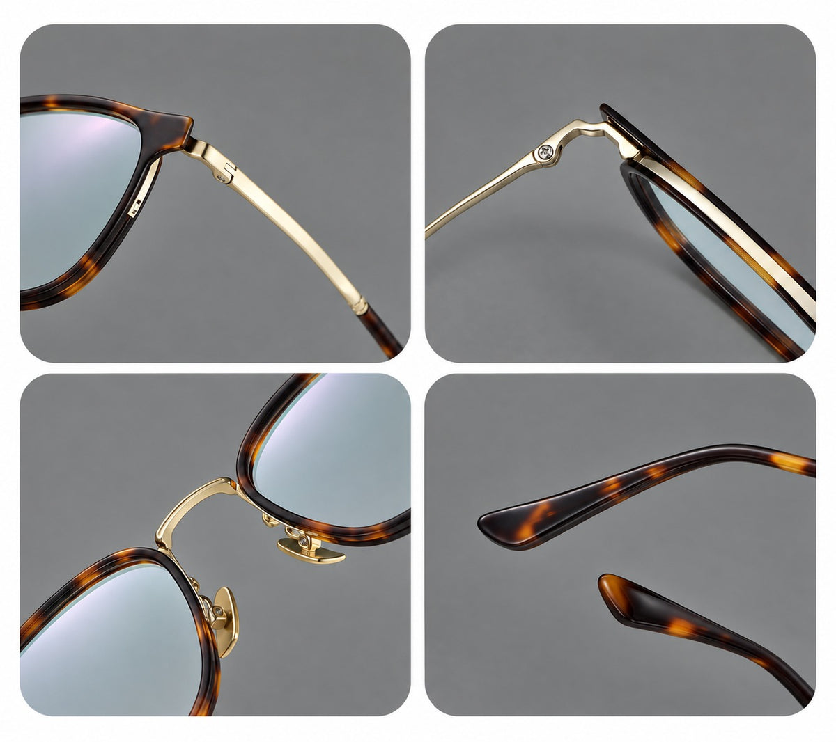 Rounded rectangular eyeglasses in acetate and titanium with bold corners and engraved metal temples, frame details