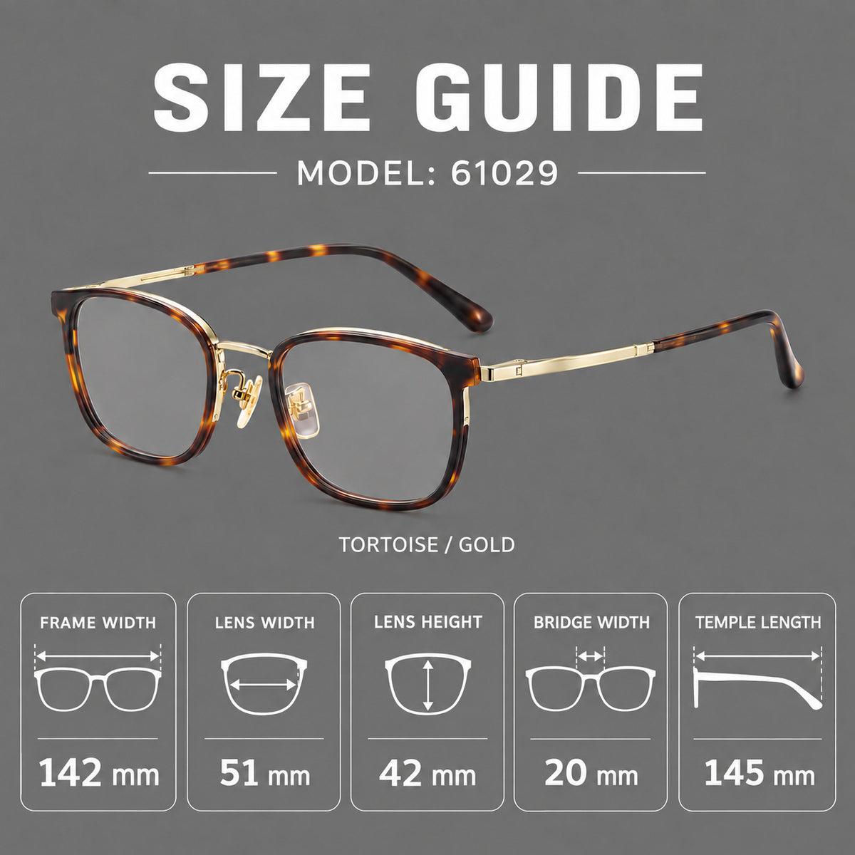 Rounded rectangular eyeglasses in acetate and titanium with bold corners and engraved metal temples, size guide in millimetres