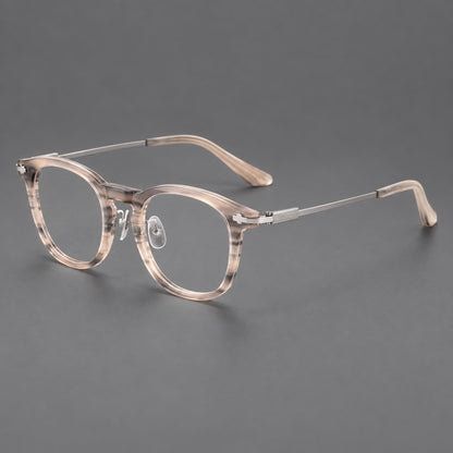 Retro acetate and titanium eyeglasses with soft square rims and sculpted metal corners in Grey Woodgrain / Silver, three quarter view lens detail