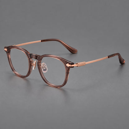 Retro acetate and titanium eyeglasses with soft square rims and sculpted metal corners in Dark Tea / Rose Gold, three quarter view additional product view