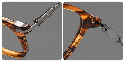 Retro acetate and titanium eyeglasses with soft square rims and sculpted metal corners, frame details additional product view