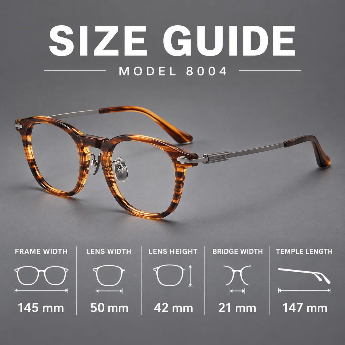 Retro acetate and titanium eyeglasses with soft square rims and sculpted metal corners, size guide in millimetres