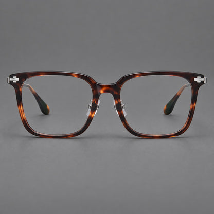 Classic acetate and titanium eyeglasses with broad square rims and textured metal temples in Tortoiseshell / Grey, front view side view