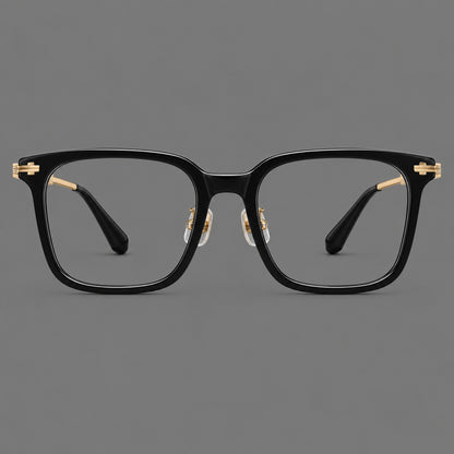 Classic acetate and titanium eyeglasses with broad square rims and textured metal temples in Black / Gold, front view frame detail