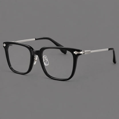 Classic acetate and titanium eyeglasses with broad square rims and textured metal temples in Black / Silver, three quarter view lens detail