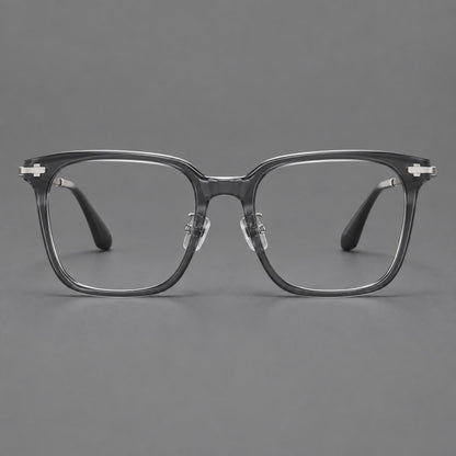 Classic acetate and titanium eyeglasses with broad square rims and textured metal temples in Clear Grey / Silver, front view additional product view