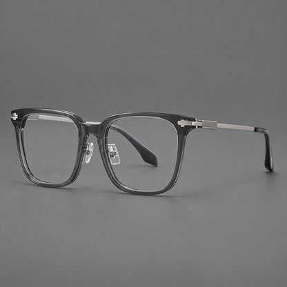 Classic acetate and titanium eyeglasses with broad square rims and textured metal temples in Clear Grey / Silver, three quarter view additional product view