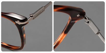 Classic acetate and titanium eyeglasses with broad square rims and textured metal temples, frame details additional product view