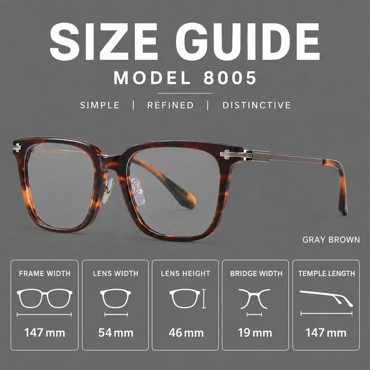 Classic acetate and titanium eyeglasses with broad square rims and textured metal temples, size guide in millimetres