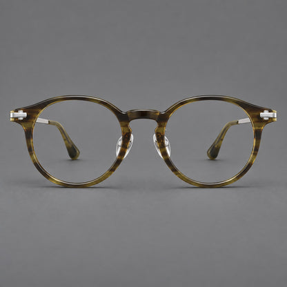 Retro acetate and titanium eyeglasses with round rims and a pronounced keyhole bridge in Olive Woodgrain / Silver, front view temple detail