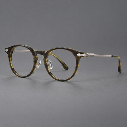 Retro acetate and titanium eyeglasses with round rims and a pronounced keyhole bridge in Olive Woodgrain / Silver, three quarter view lens detail