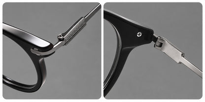 Retro acetate and titanium eyeglasses with round rims and a pronounced keyhole bridge, frame details additional product view