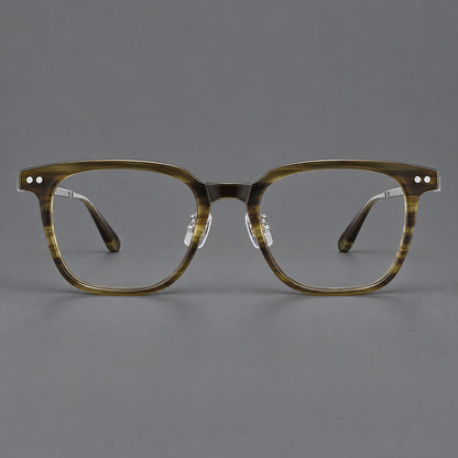 Classic acetate and titanium eyeglasses with squared brows and paired corner rivets in Olive Woodgrain / Silver, front view side view