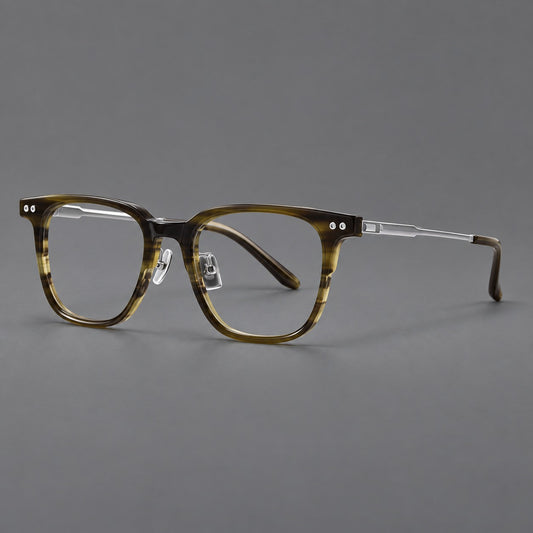Classic acetate and titanium eyeglasses with squared brows and paired corner rivets in Olive Woodgrain / Silver, three quarter view