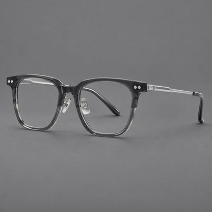 Classic acetate and titanium eyeglasses with squared brows and paired corner rivets in Clear Grey / Silver, three quarter view additional product view