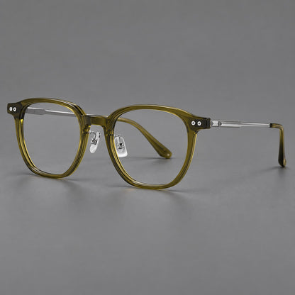Vintage acetate and titanium eyeglasses with rounded square rims and slotted metal temples in Clear Olive Green / Silver, three quarter view lens detail
