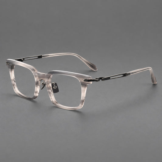 Modern acetate and titanium eyeglasses with angular square rims and curved metal hinges in Striped Grey / Brushed Grey, three quarter view