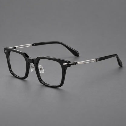 Modern acetate and titanium eyeglasses with angular square rims and curved metal hinges in Black / Silver, three quarter view lens detail