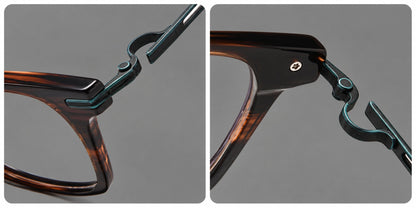 Modern acetate and titanium eyeglasses with angular square rims and curved metal hinges, frame details additional product view