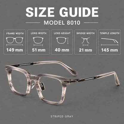 Modern acetate and titanium eyeglasses with angular square rims and curved metal hinges, size guide in millimetres additional product view