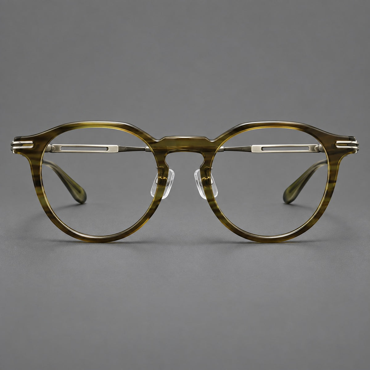 Retro acetate and titanium eyeglasses with round rims and distinctive looped metal joints in Striped Olive Green / Silver, front view