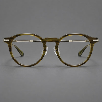 Retro acetate and titanium eyeglasses with round rims and distinctive looped metal joints in Striped Olive Green / Silver, front view side view