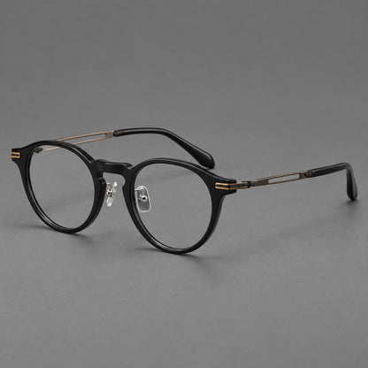 Retro acetate and titanium eyeglasses with round rims and distinctive looped metal joints in Black / Antique Bronze, three quarter view front view