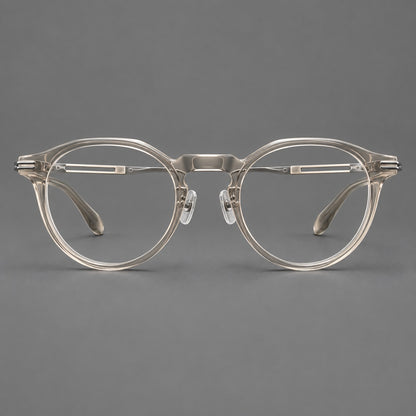 Retro acetate and titanium eyeglasses with round rims and distinctive looped metal joints in Clear Cool Tea / Silver, front view additional product view
