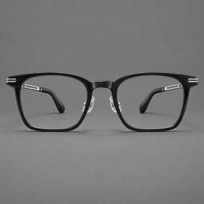 Acetate and titanium eyeglasses with rounded rectangular rims and sculpted open loop joints in Black / Silver, front view frame detail