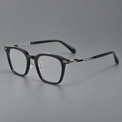Acetate and titanium eyeglasses with rounded rectangular rims and sculpted open loop joints in Black / Silver, three quarter view front view
