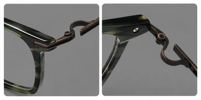 Acetate and titanium eyeglasses with rounded rectangular rims and sculpted open loop joints, frame details additional product view