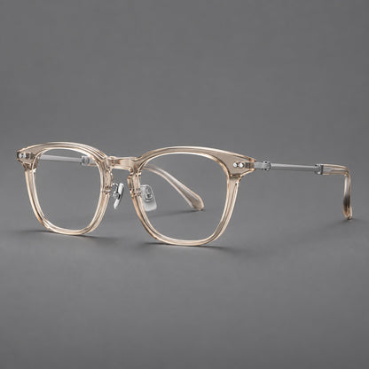 Retro acetate and titanium eyeglasses with gently squared rims and circular metal hinges in Clear Cool Tea / Silver, three quarter view additional product view