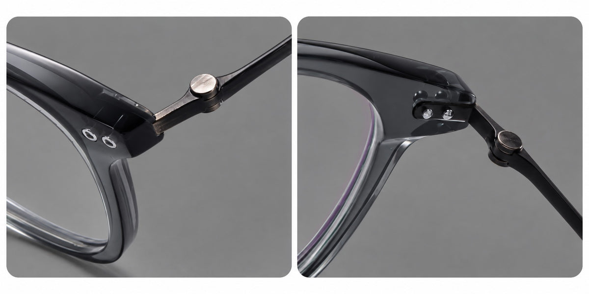 Retro acetate and titanium eyeglasses with gently squared rims and circular metal hinges, frame details