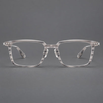 Classic acetate and titanium eyeglasses with a straight brow and rounded rectangular rims in Striped Grey / Silver, front view side view