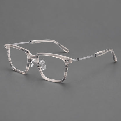 Classic acetate and titanium eyeglasses with a straight brow and rounded rectangular rims in Striped Grey / Silver, three quarter view