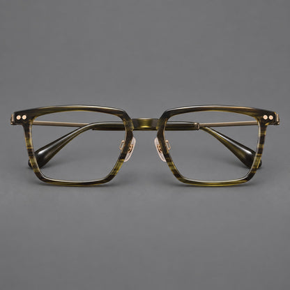 Classic acetate and titanium eyeglasses with a straight brow and rounded rectangular rims in Striped Olive Green / Bronze, front view frame detail