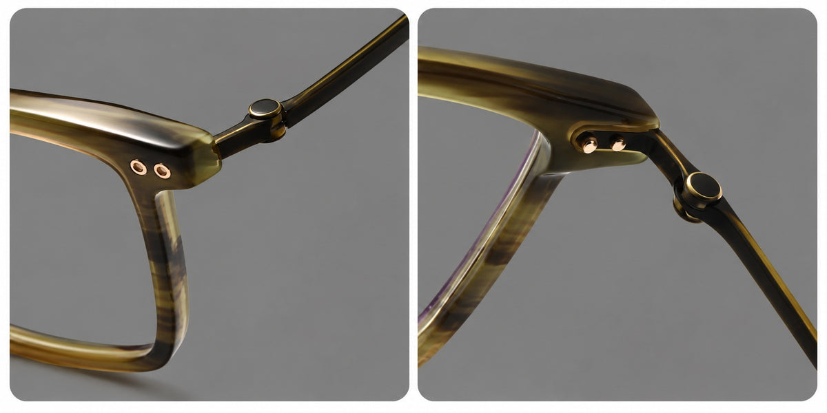 Classic acetate and titanium eyeglasses with a straight brow and rounded rectangular rims, frame details