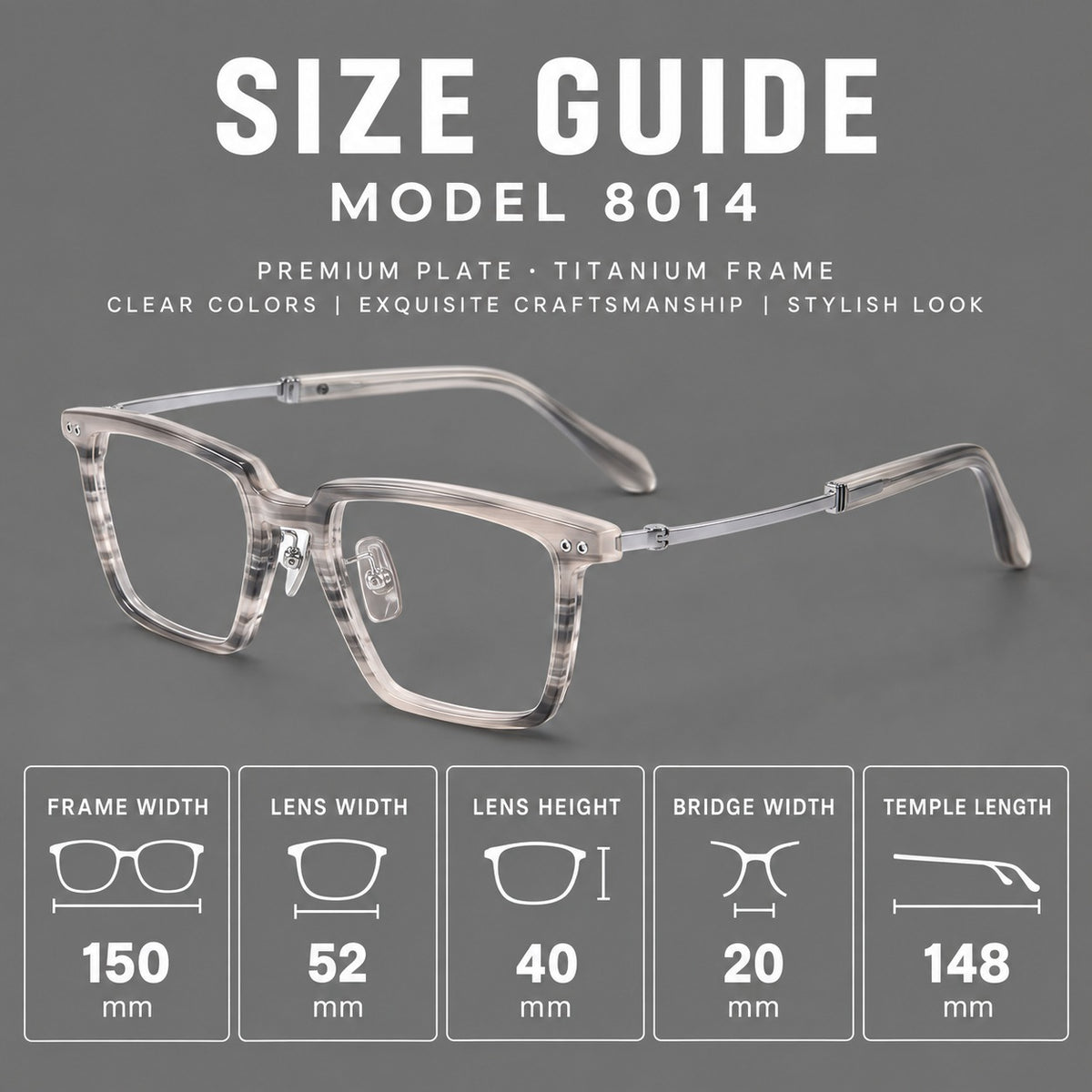 Classic acetate and titanium eyeglasses with a straight brow and rounded rectangular rims, size guide in millimetres