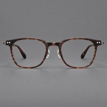 Vintage acetate and titanium eyeglasses with soft square rims and paired metal rivets in Striped Brown / Antique Bronze, front view side view