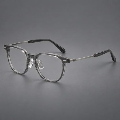 Vintage acetate and titanium eyeglasses with soft square rims and paired metal rivets in Clear Grey / Brushed Grey, three quarter view lens detail