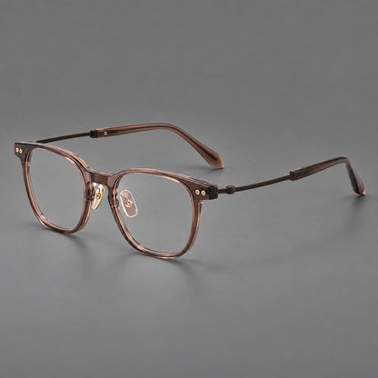 Vintage acetate and titanium eyeglasses with soft square rims and paired metal rivets in Clear Brown / Antique Bronze, three quarter view additional product view