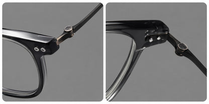 Vintage acetate and titanium eyeglasses with soft square rims and paired metal rivets, frame details additional product view