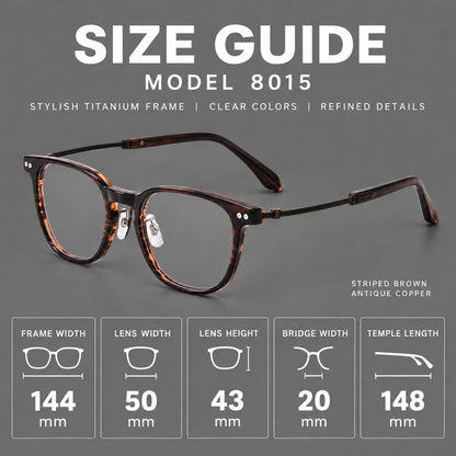 Vintage acetate and titanium eyeglasses with soft square rims and paired metal rivets, size guide in millimetres additional product view