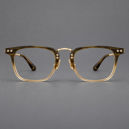 Acetate and titanium eyeglasses with soft square rims and an arched metal bridge in Tea Gradient / Gold, front view additional product view