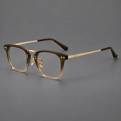 Acetate and titanium eyeglasses with soft square rims and an arched metal bridge in Tea Gradient / Gold, three quarter view additional product view