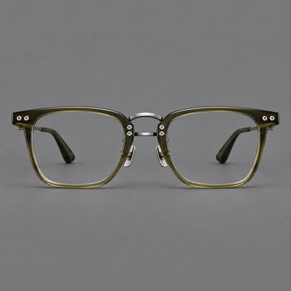 Acetate and titanium eyeglasses with soft square rims and an arched metal bridge in Army Green / Gunmetal, front view additional product view