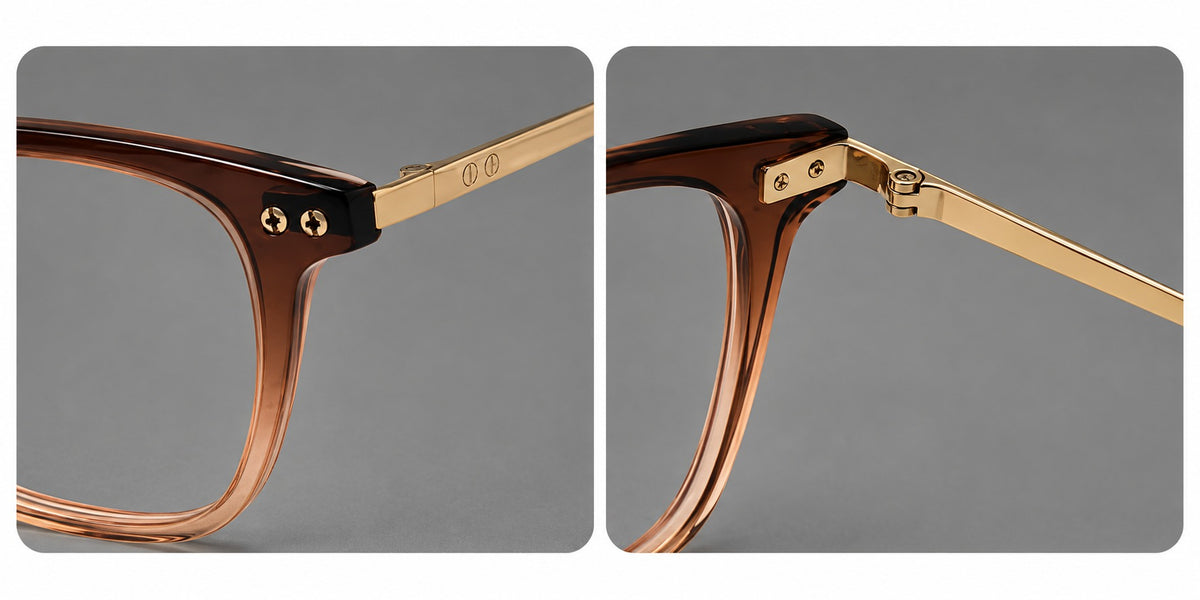 Acetate and titanium eyeglasses with soft square rims and an arched metal bridge, frame details