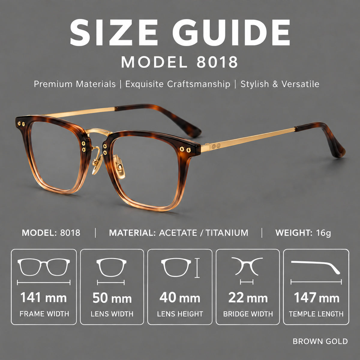 Acetate and titanium eyeglasses with soft square rims and an arched metal bridge, size guide in millimetres