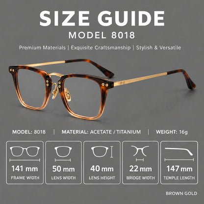 Acetate and titanium eyeglasses with soft square rims and an arched metal bridge, size guide in millimetres additional product view
