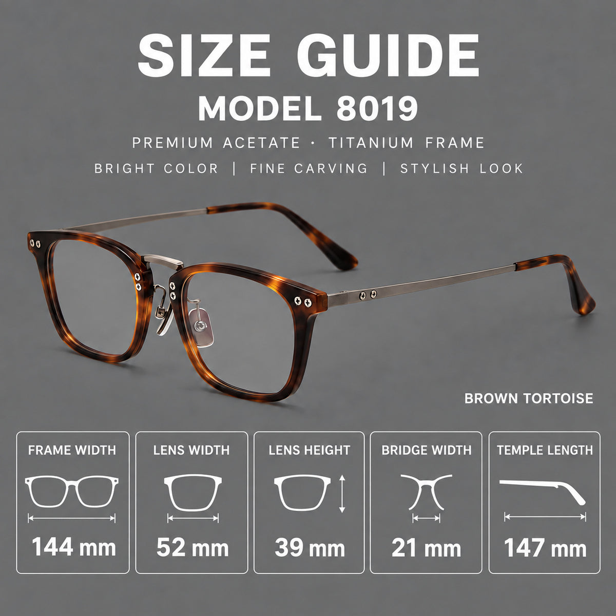 Acetate and titanium eyeglasses with angular rectangular rims and a curved metal bridge, size guide in millimetres